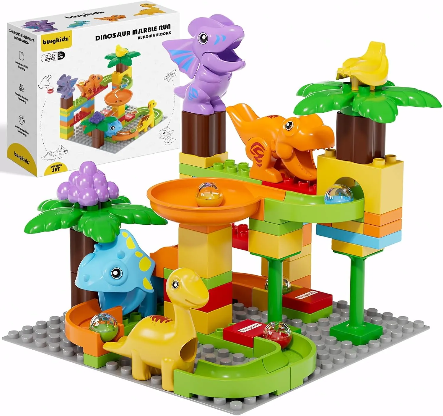 Kids Marble Run Building Block Dinosaur, Montessori Learning Resources STEM Toy Bricks Maze Puzzle Set Race Track Compatible with Major Brands for Age 3 4 5 6 7 8  Boys Girls Birthdays