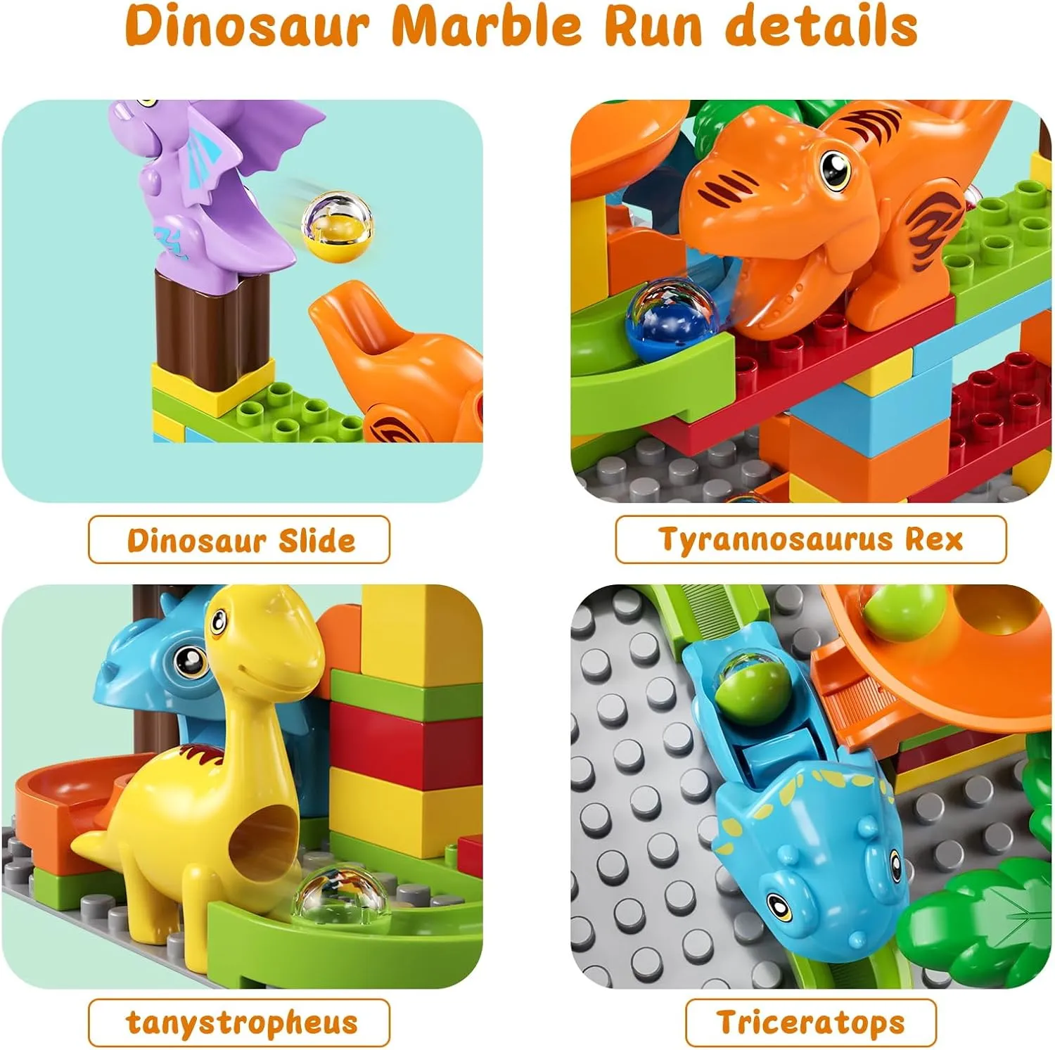 Kids Marble Run Building Block Dinosaur, Montessori Learning Resources STEM Toy Bricks Maze Puzzle Set Race Track Compatible with Major Brands for Age 3 4 5 6 7 8  Boys Girls Birthdays
