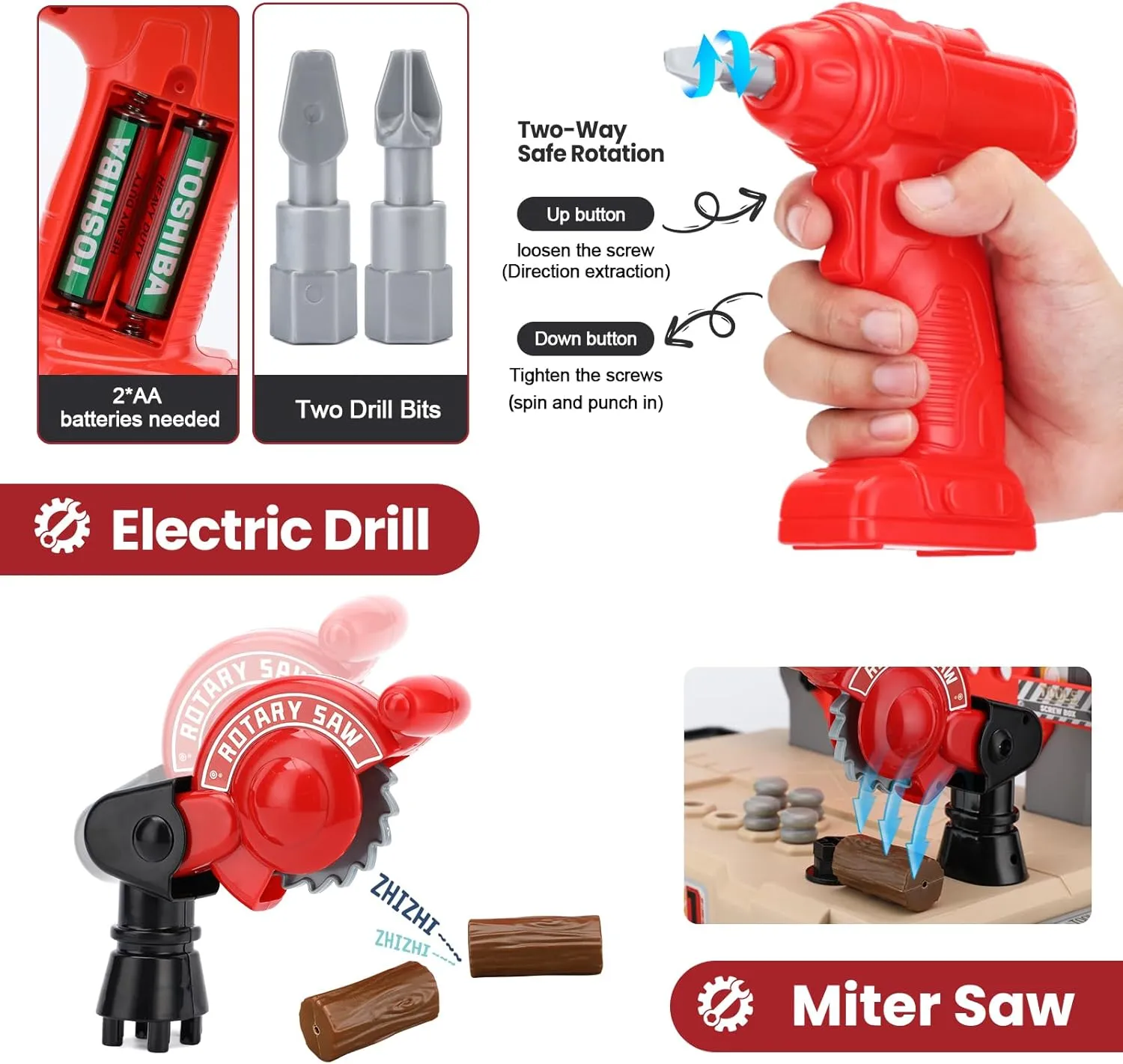 Kids Tool Bench, Toddler Workbench with Electric Drill and Realistic Toy Tools, Toy Tool Bench Workshop, Pretend Play Kids Tool Set for Boys, Red