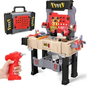 Kids Tool Bench, Toddler Workbench with Electric Drill and Realistic Toy Tools, Toy Tool Bench Workshop, Pretend Play Kids Tool Set for Boys, Red