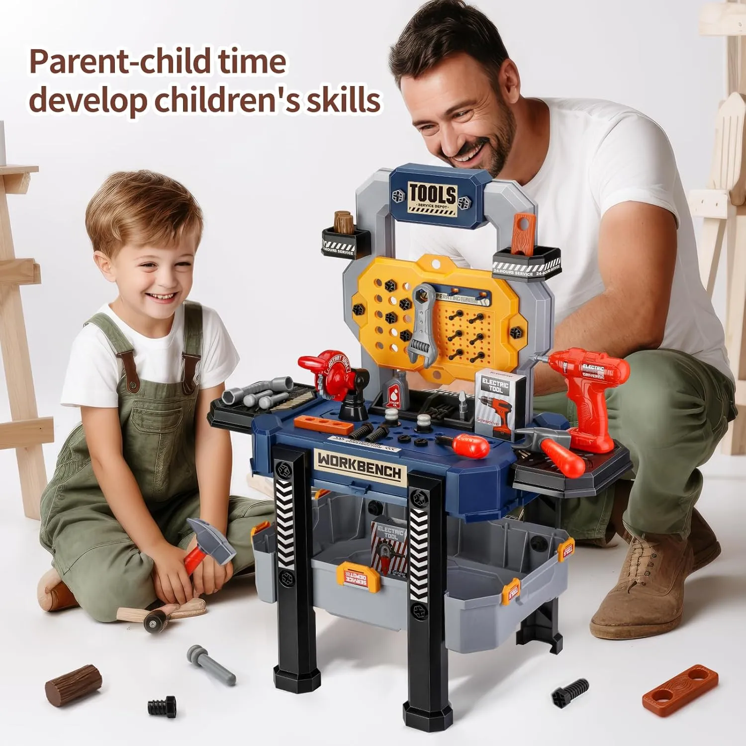 Kids Tool Bench with Realistic Tools and Electric Drill, Suitable for 3-5 Year Olds to Build Their Own Toy Workbench, 79 Pcs Realistic Toy Tools with Clothes, 32 x 26.6 x 14.4 in-Blue