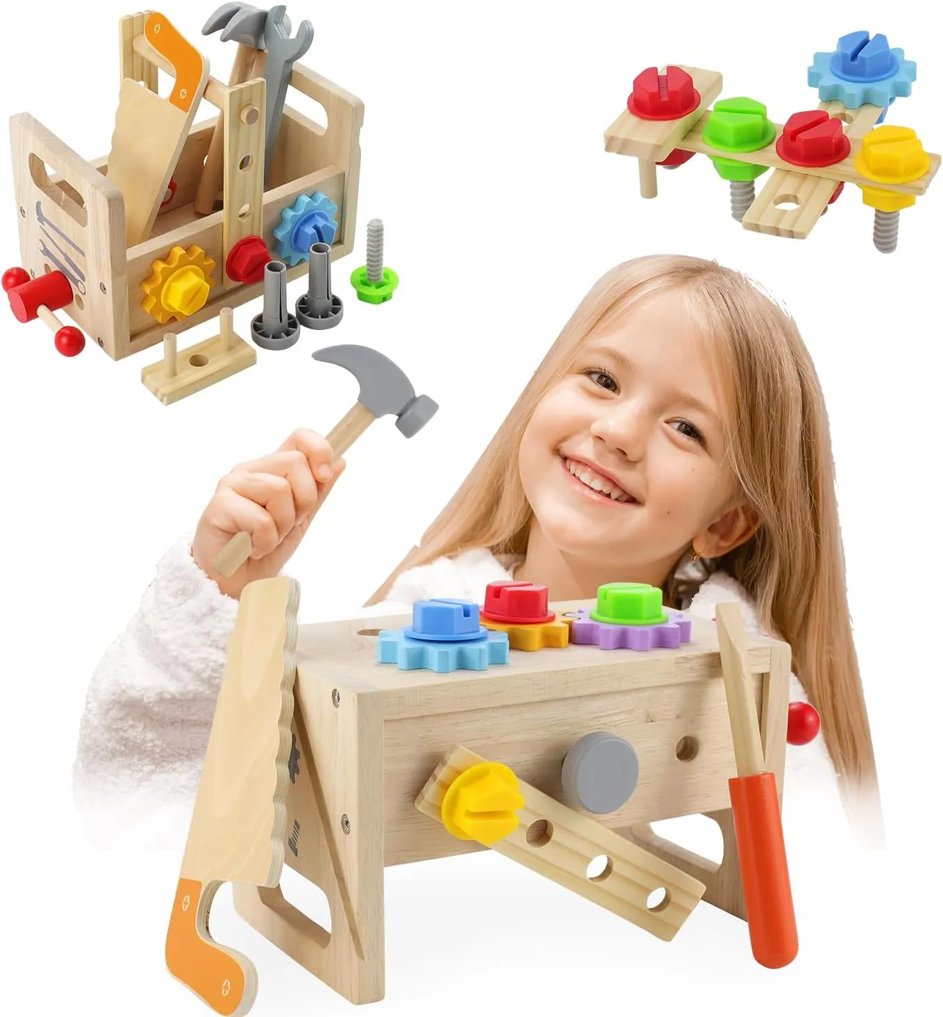 Kids Tool Set ，Lflwacy 24PCS Wooden Toddler Tool with Box，Stem Toys Toddler Educational Toys Age 2-6, Tool Bench Pretend Play Construction Learning Toys for Toddler，Christmas Birthday Gift
