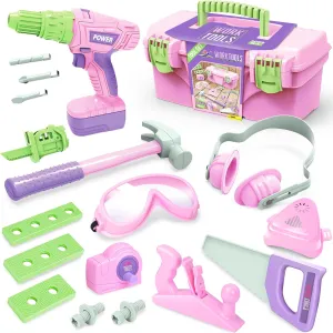 Kids Tool Set - Pretend Play Construction Toy With Tool Box and Electric Drill for Toddler Boys and Girls, Pink, Ages 3 