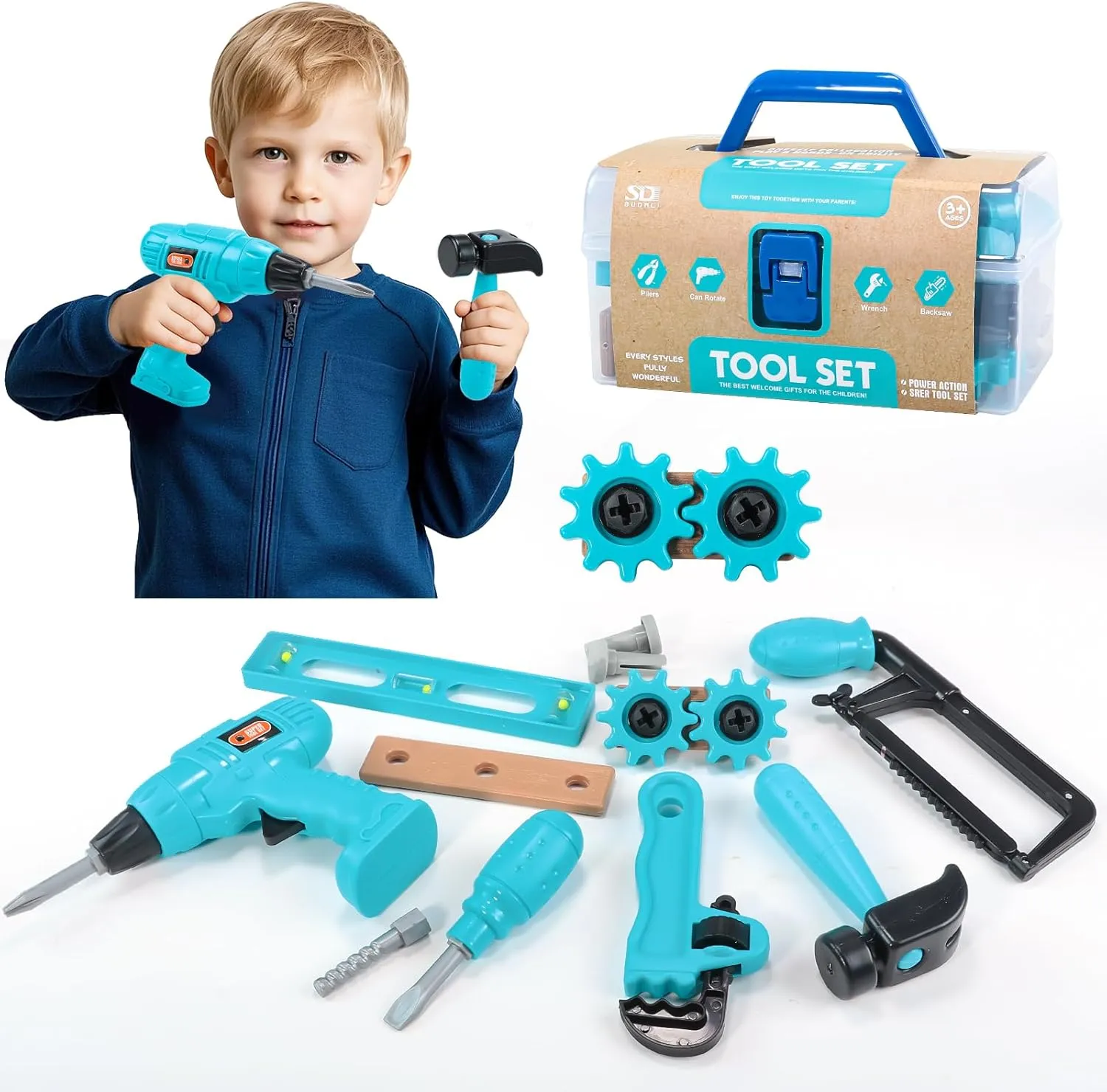 Kids Tool Set – Pretend Play Toddler Tool Set with Tool Box, Toy Drill, Hammer, Screwdriver，Screw Construction Kits, Educational Tools for Kids Ages 3,4,5,6,7 Years Old, Boy Girl Toy