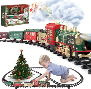 Kids Train Set - Christmas Train Toys w/Smoke, Sounds, Lights, Rechargeable Electric Train for Christmas Tree, Train Set for Boys with 5 Carriages, 21 Tracks, Train Toys Gifts for 3 4 5 6 7 8 