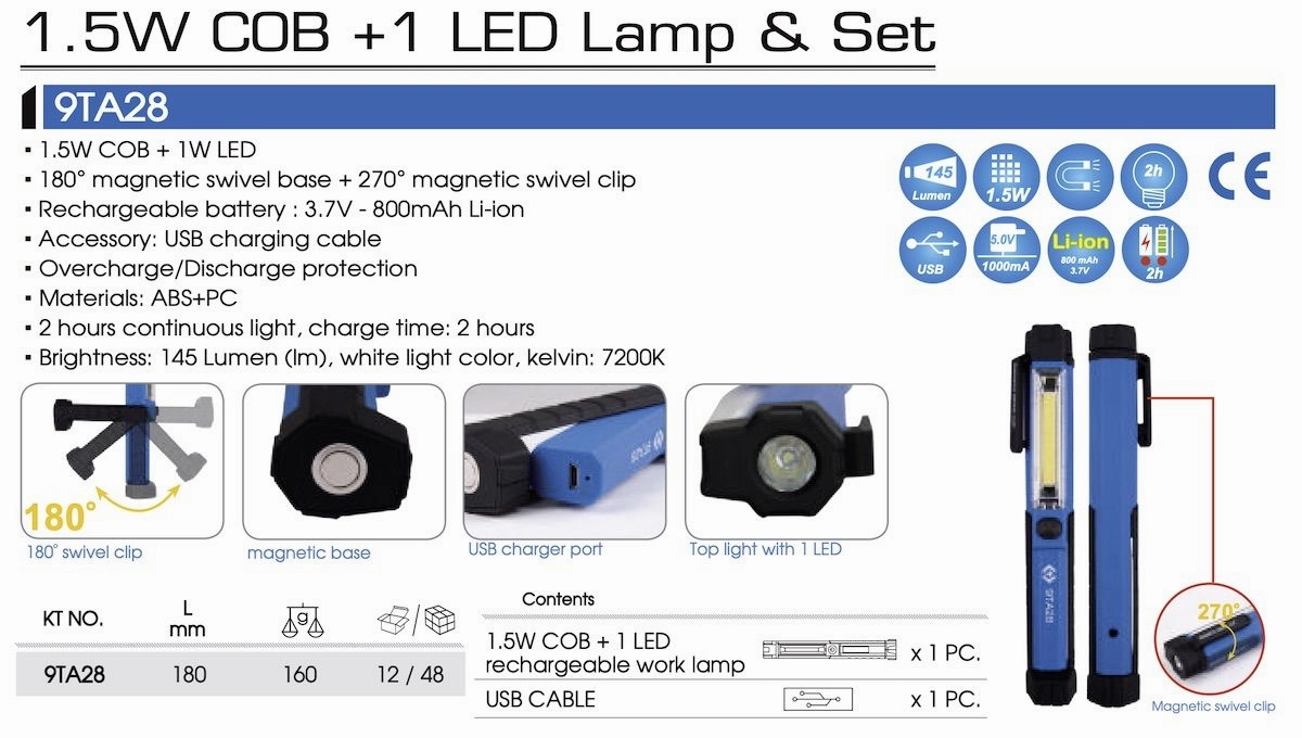 King Tony 9TA28 Handheld Rechargeable LED Pen Light Set Work Lamp with Magnetic Base