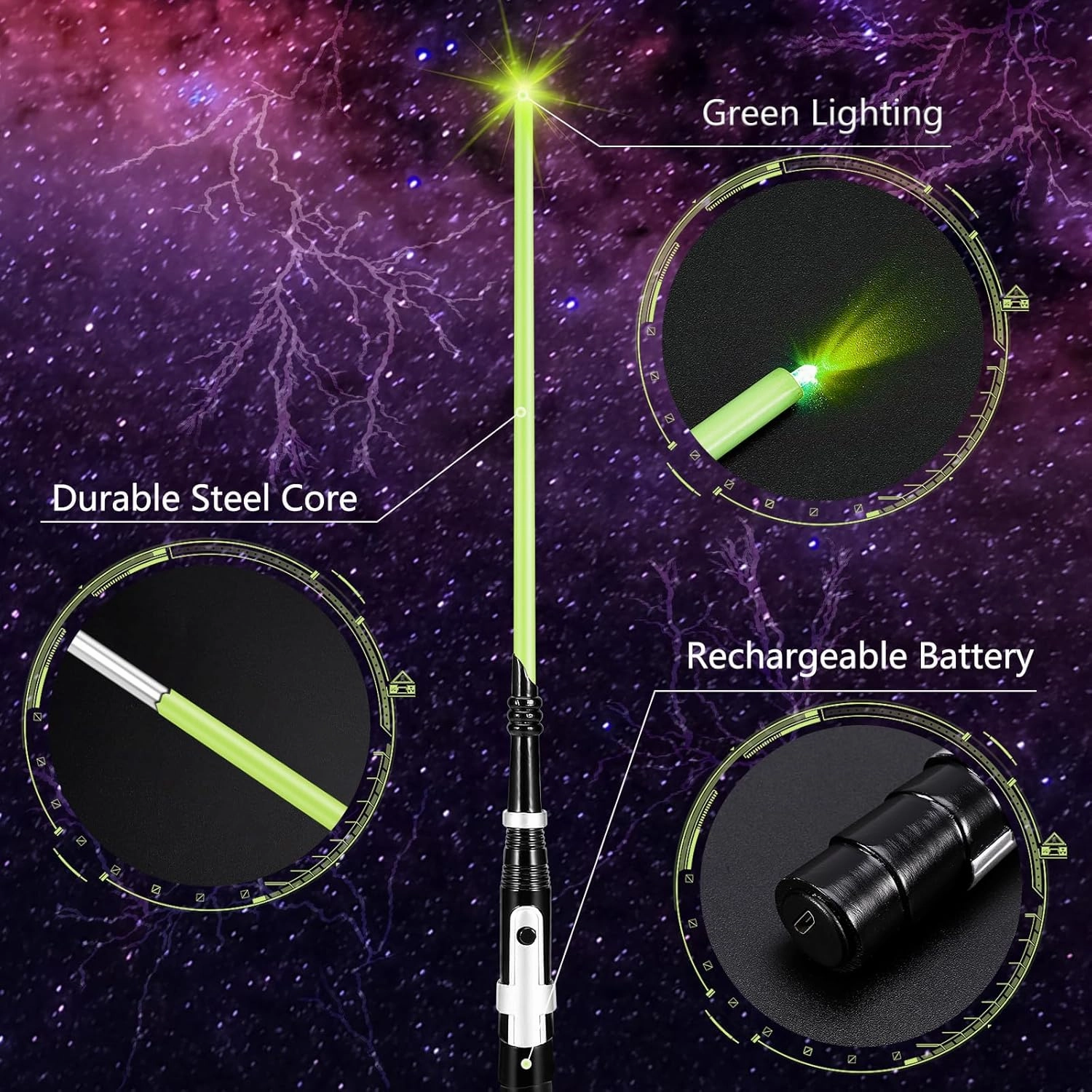 KingVows Light Up Magic Wizard Witch Wand 14.3" Rechargeable Sorcerer Witchcraft Wands for Cosplay Collection (Green)