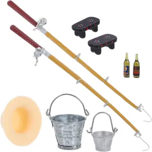 Kisangel 1Set Miniature Fishing Pole Dollhouse Fishing Rod Set Miniature Fishing Gear for Mini Bench Hat Beer Bottles Buckets House Decor