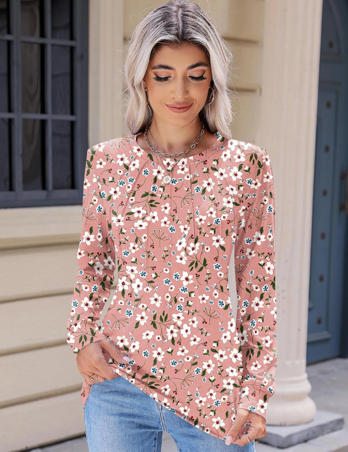 Kistore Womens Long Sleeve Tops Crew Neck Pleated Casual Dressy Blouses T Shirts Fall Clothes 2025