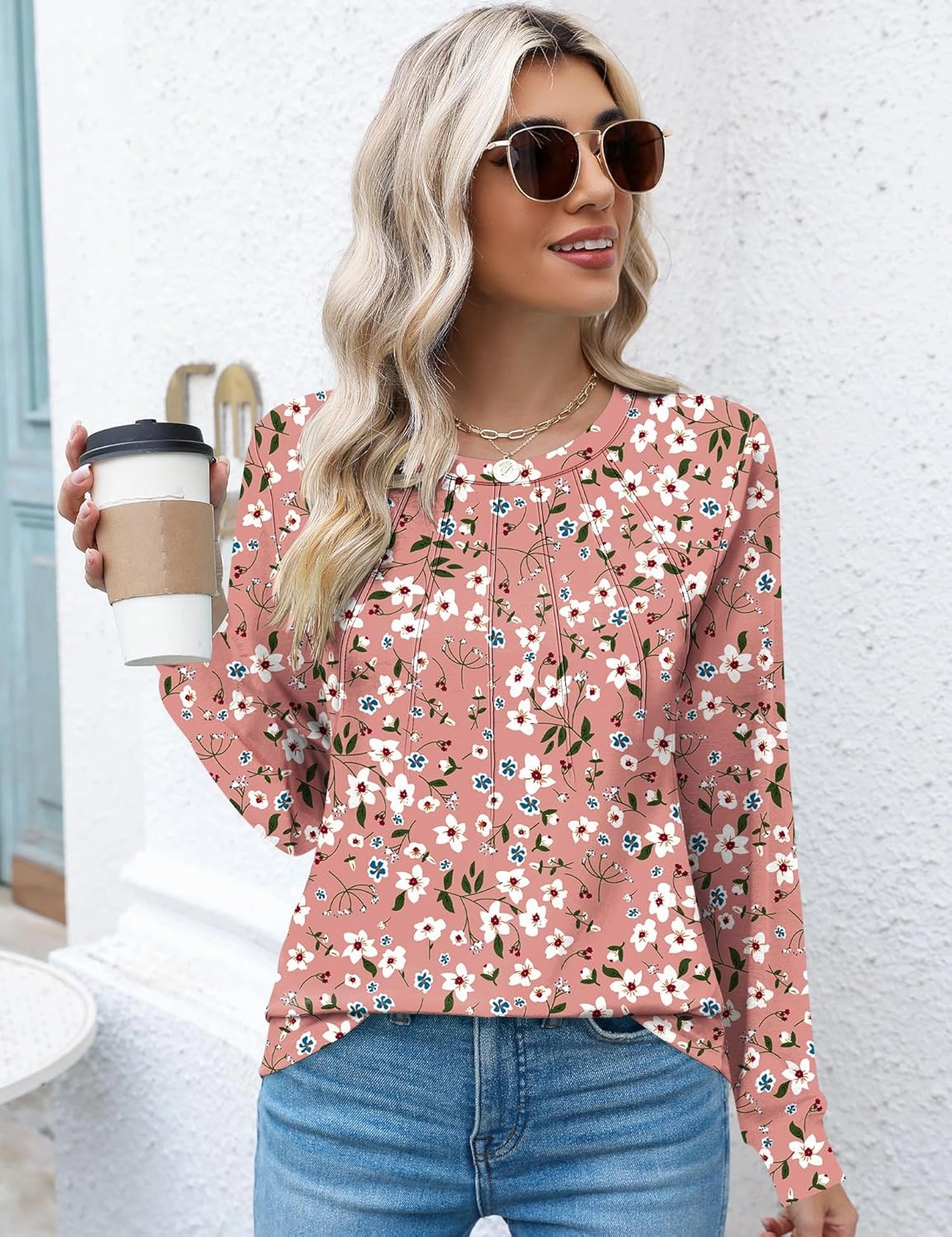 Kistore Womens Long Sleeve Tops Crew Neck Pleated Casual Dressy Blouses T Shirts Fall Clothes 2025