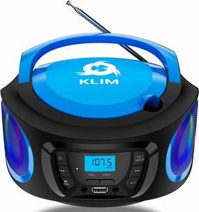KLIM Boombox Portable Audio System - New - FM Radio CD Player Bluetooth MP3 USB AUX - Includes Rechargeable Batteries - Wired & Wireless Modes - Compact and Sturdy - Blue