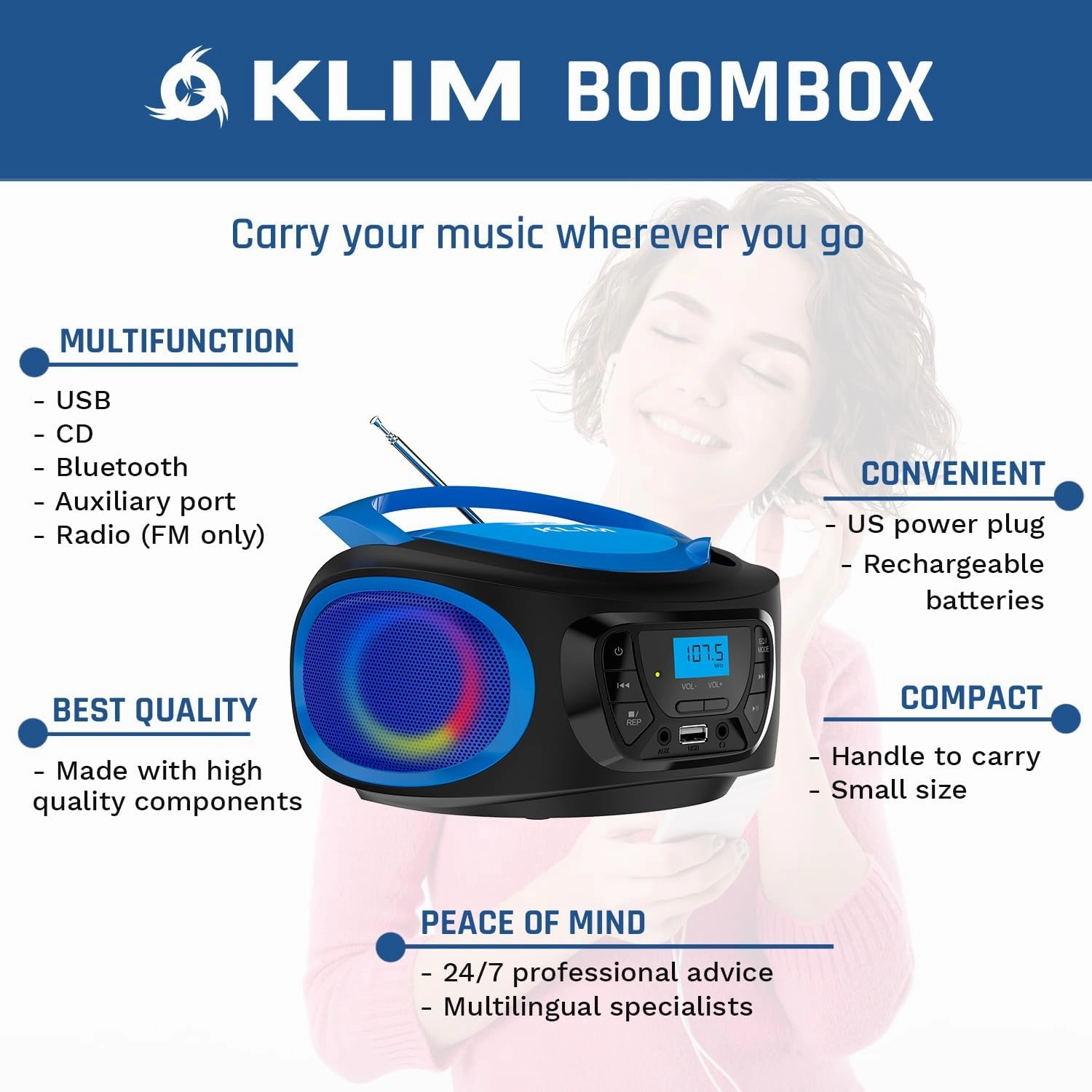 KLIM Boombox Portable Audio System - New - FM Radio CD Player Bluetooth MP3 USB AUX - Includes Rechargeable Batteries - Wired & Wireless Modes - Compact and Sturdy - Blue