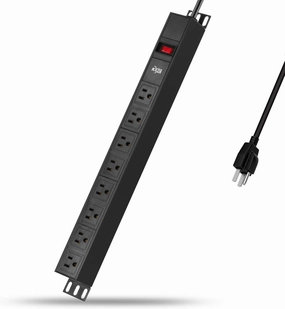 KMC 8-Outlet Metal Power Strip Surge Protector, Rack Mount PDU, Metal Mounting Brackets, 6 Foot Extension Cord, 1800 Joules, 125V/15A, Black