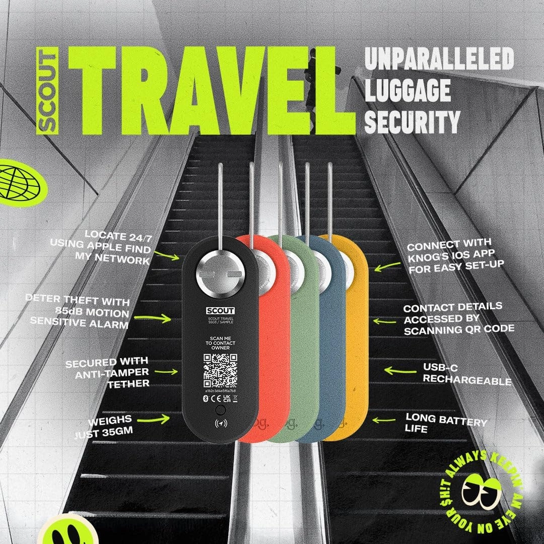 Knog Scout iOS Smart Tag, Tracker & 85d Alarm– Rechargeable Luggage Tag Compatible with iOS App & Apple Find My, Digital Contact Info, Remote Chime, Low Battery Alerts, Water-Resistant, Red