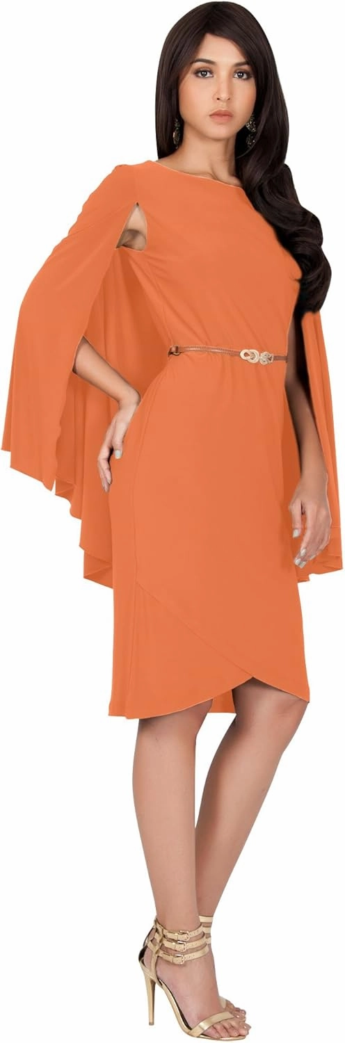 KOH KOH Womens Cape Long Sleeve Round Neck Cocktail with Leather Belt Mini Dress