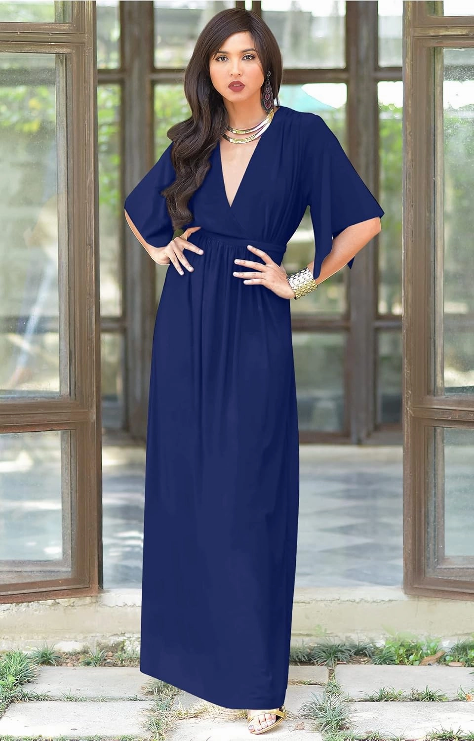KOH KOH Womens Kaftan Short Sleeve Empire Waist Flowy V-Neck