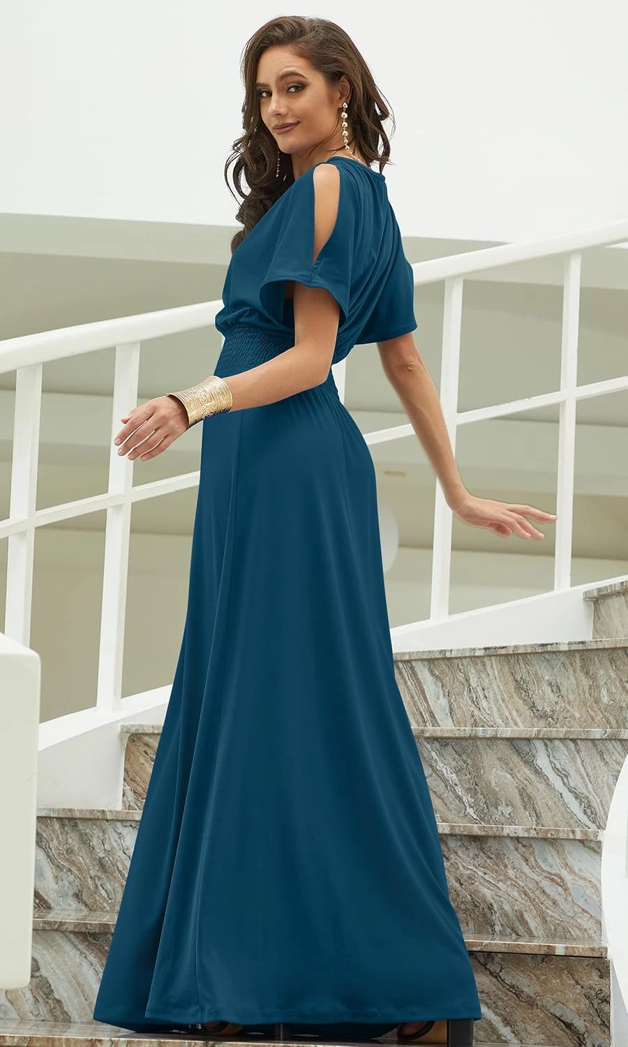 KOH KOH Womens Split Sleeves Smocked Elegant Cocktail Long Maxi Dress