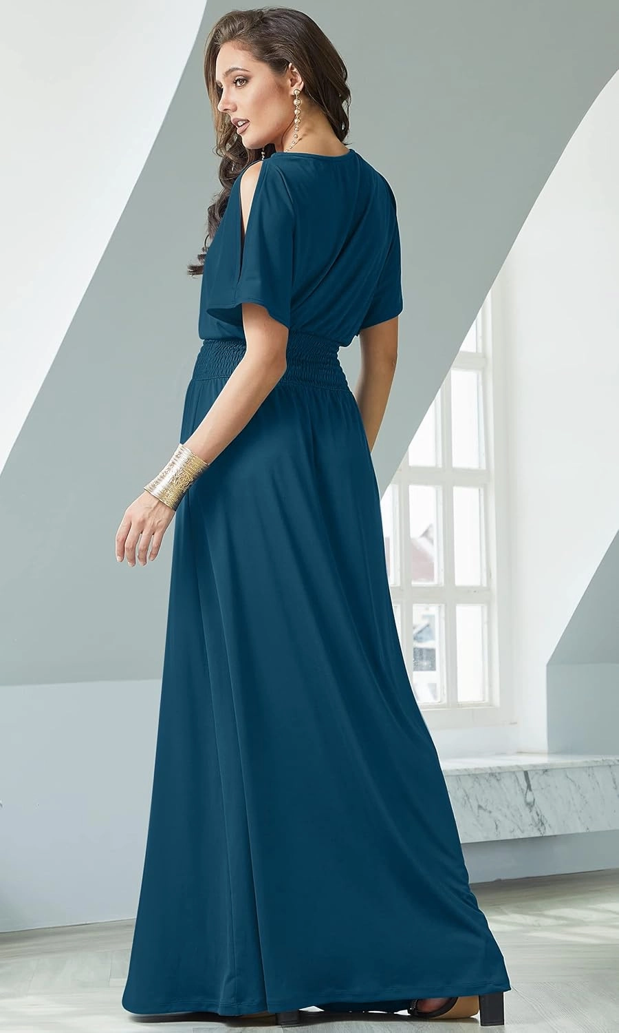 KOH KOH Womens Split Sleeves Smocked Elegant Cocktail Long Maxi Dress