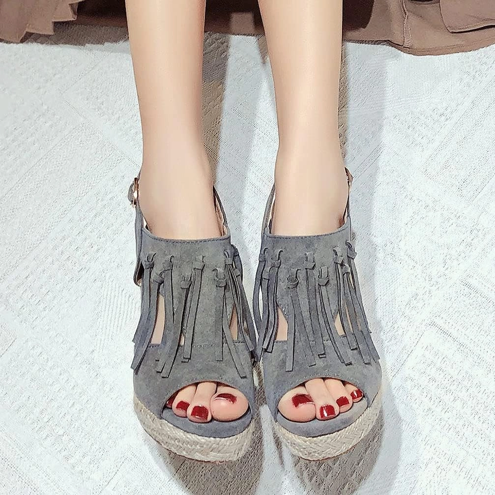 KOKOMOMO Womens Faux Suede Tassel Wedge Espadrille Platform Peep Toe Cutout Sandals