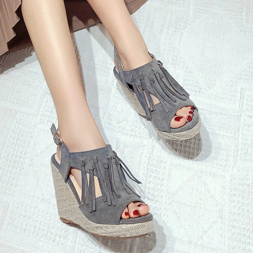 KOKOMOMO Womens Faux Suede Tassel Wedge Espadrille Platform Peep Toe Cutout Sandals