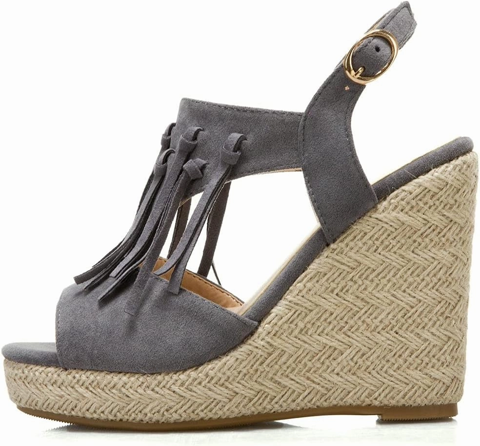KOKOMOMO Womens Faux Suede Tassel Wedge Espadrille Platform Peep Toe Cutout Sandals