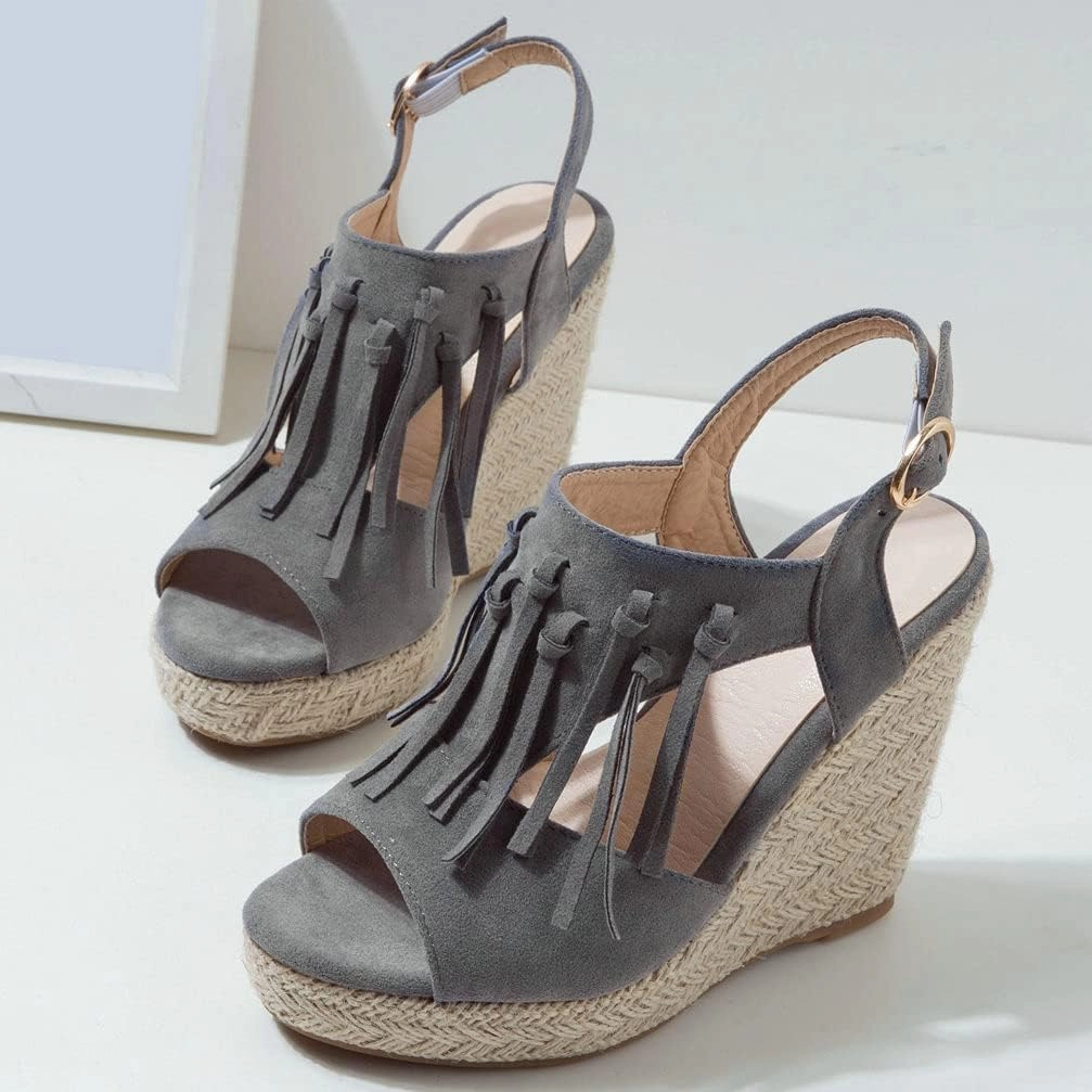 KOKOMOMO Womens Faux Suede Tassel Wedge Espadrille Platform Peep Toe Cutout Sandals
