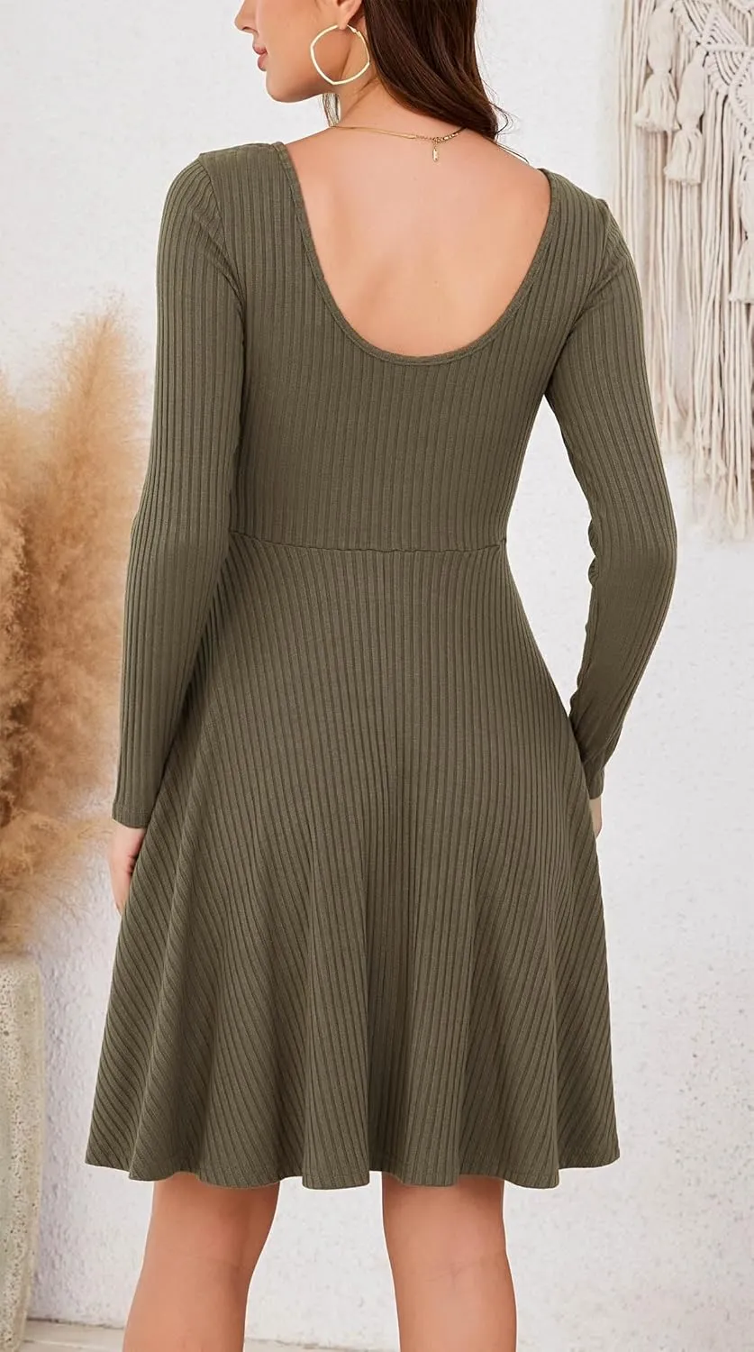 Kormei Womens Fall Knit Round Neck Casual Long Sleeve A Line Flowy Elegant Short Swing Party Dress