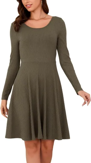 Kormei Womens Fall Knit Round Neck Casual Long Sleeve A Line Flowy Elegant Short Swing Party Dress