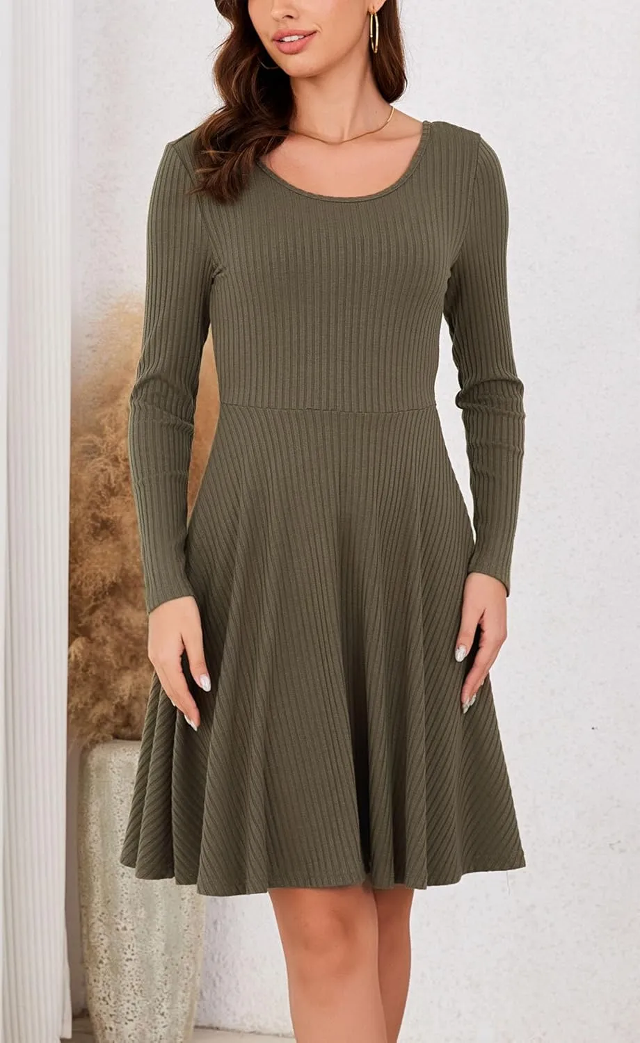Kormei Womens Fall Knit Round Neck Casual Long Sleeve A Line Flowy Elegant Short Swing Party Dress