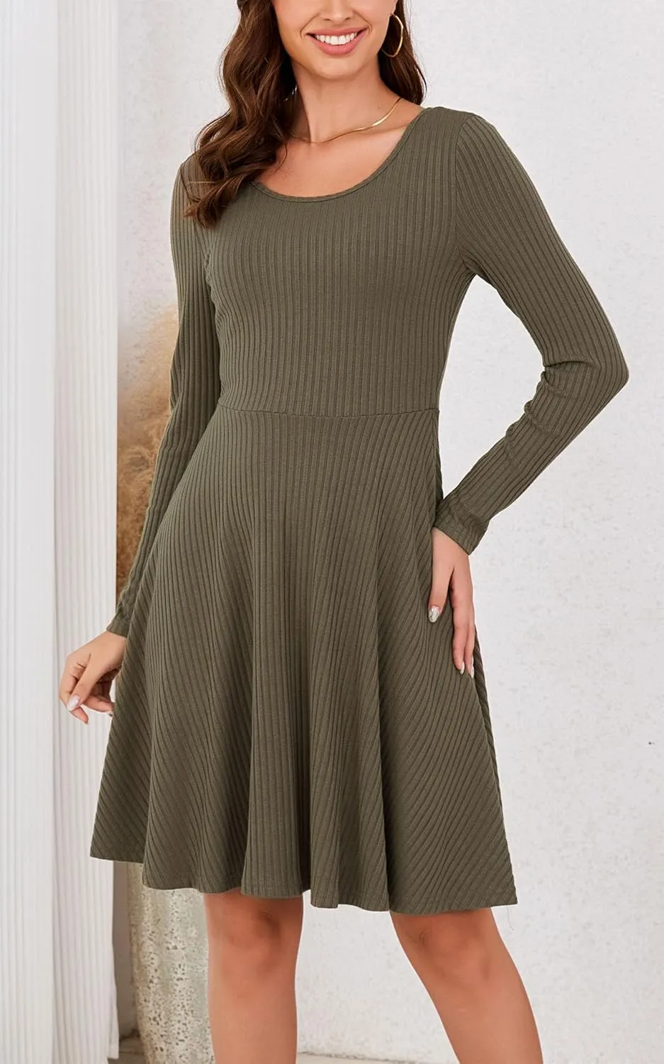 Kormei Womens Fall Knit Round Neck Casual Long Sleeve A Line Flowy Elegant Short Swing Party Dress