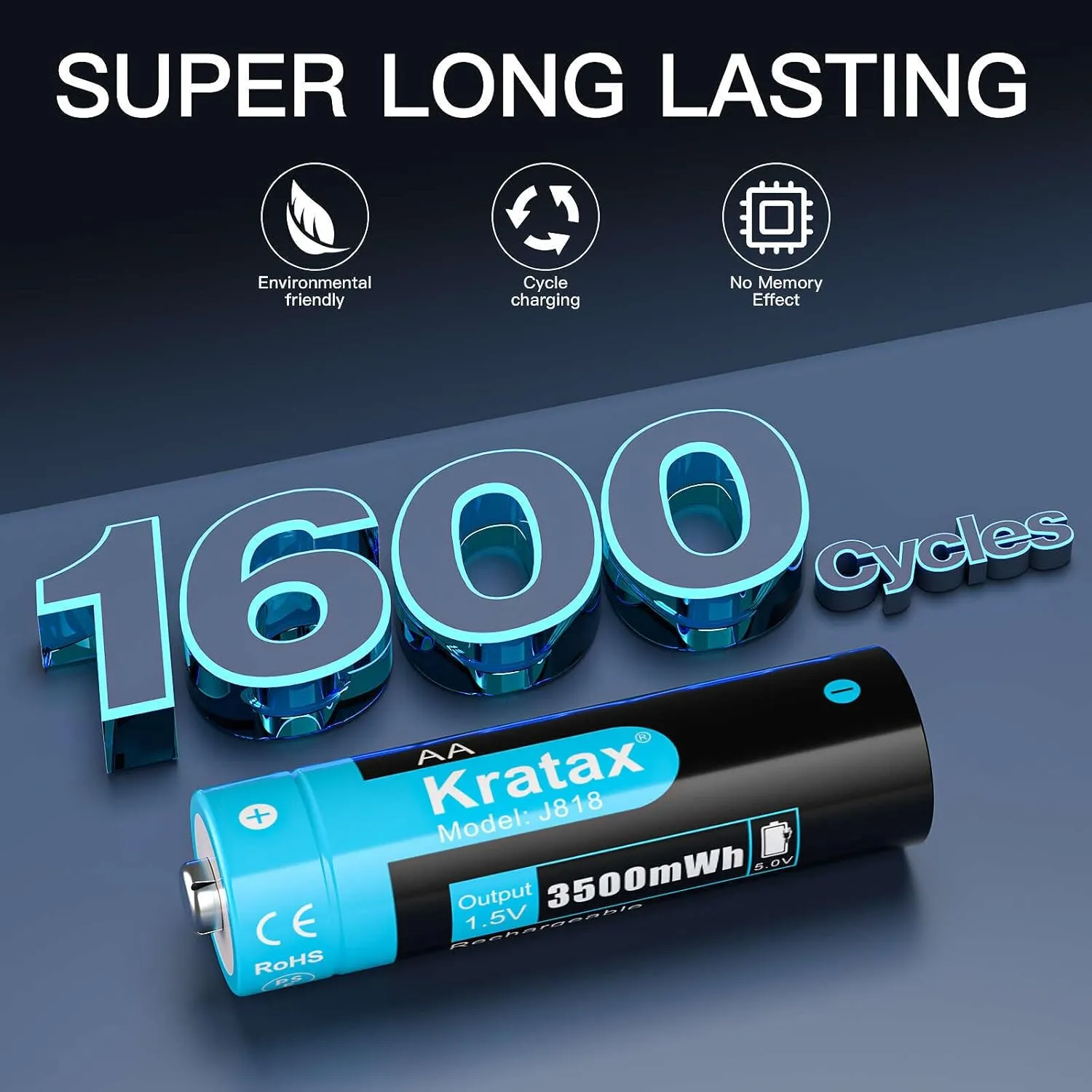 Kratax 1.5V AA Lithium Rechargeable Batteries, 12 Pack 3A High Capacity 3500mWh Li-ion Batteries, 1600 Cycles, Long Lasting, Constant Output for Controller, Toys, Remote Controls, Fast Charge
