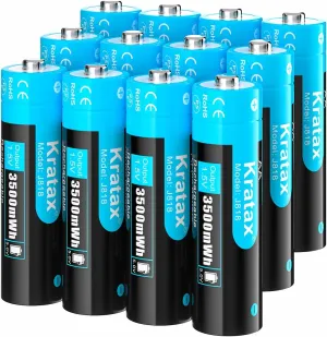 Kratax 1.5V AA Lithium Rechargeable Batteries, 12 Pack 3A High Capacity 3500mWh Li-ion Batteries, 1600 Cycles, Long Lasting, Constant Output for Controller, Toys, Remote Controls, Fast Charge
