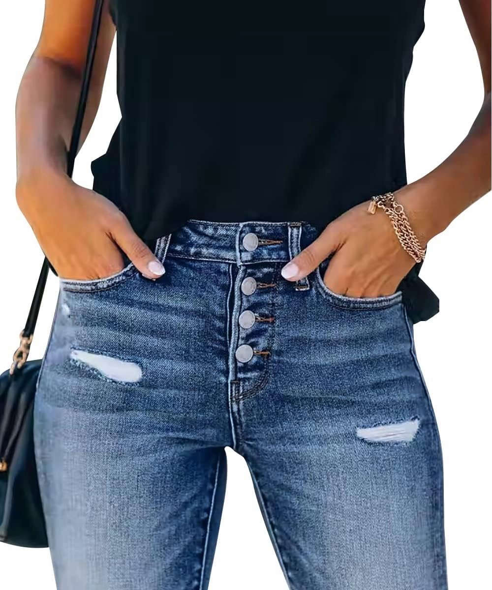 KUNMI Women's Ripped Skinny Slim Fit Jeans Frayed Distressed Stretchy Denim Pants