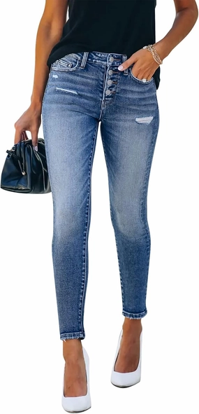 KUNMI Women's Ripped Skinny Slim Fit Jeans Frayed Distressed Stretchy Denim Pants