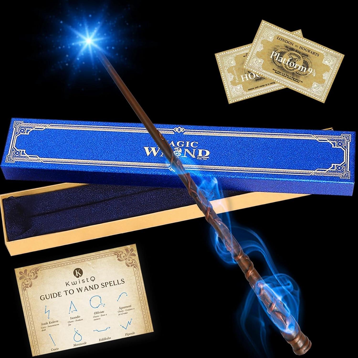 Kwistq Magic Wand Light Up Rechargeable Toy Witches Cosplay Accessory with Spell Guide and Magic Ticket and Gift Box for Christmas Halloween Birthday Party Favors