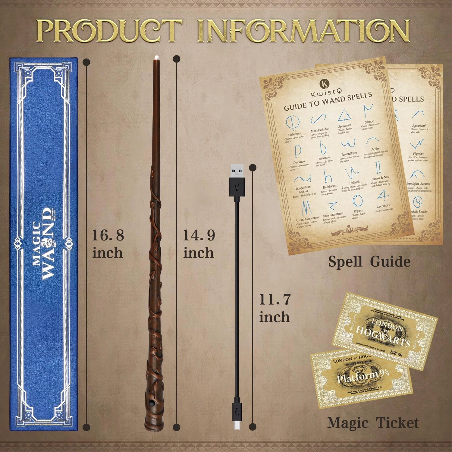 Kwistq Magic Wand Light Up Rechargeable Toy Witches Cosplay Accessory with Spell Guide and Magic Ticket and Gift Box for Christmas Halloween Birthday Party Favors