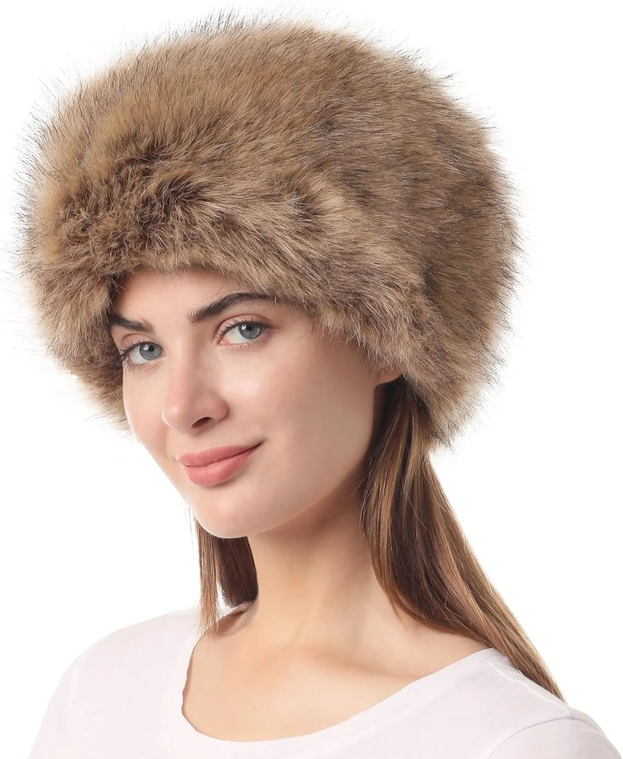 LA CARRIE Women's Faux Fur Hat for Winter with Stretch Cossack Russian Style White Warm Cap