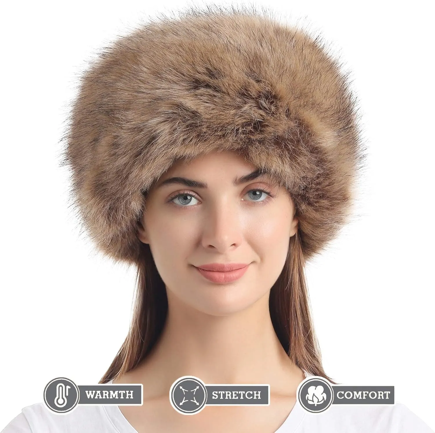 LA CARRIE Women's Faux Fur Hat for Winter with Stretch Cossack Russian Style White Warm Cap