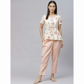 Laado Pink Floral Print Night Suit (Set of 2)