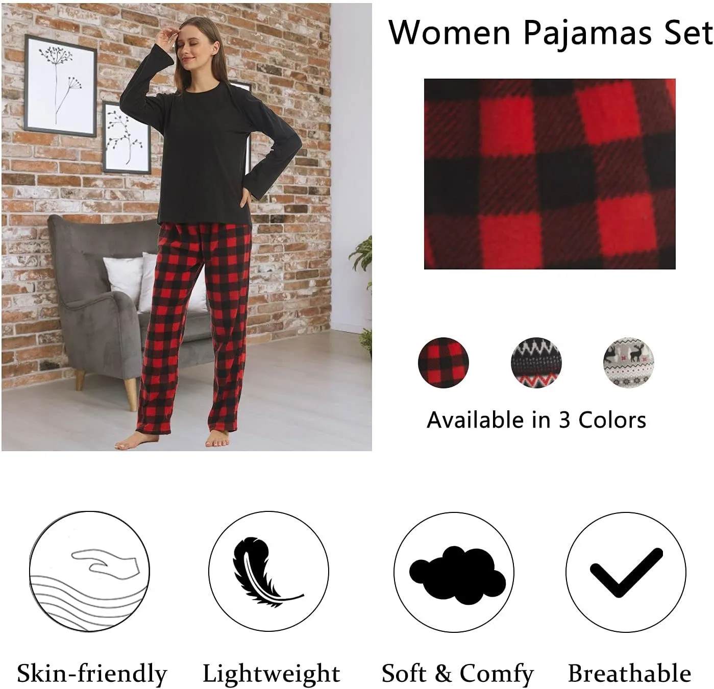 LANBAOSI Buffalo Plaid Pajamas Fleece Pajama Sets 2 Piece Long Sleeve Sleepwear Christmas Pajamas Women Ultra-Soft Pijamas