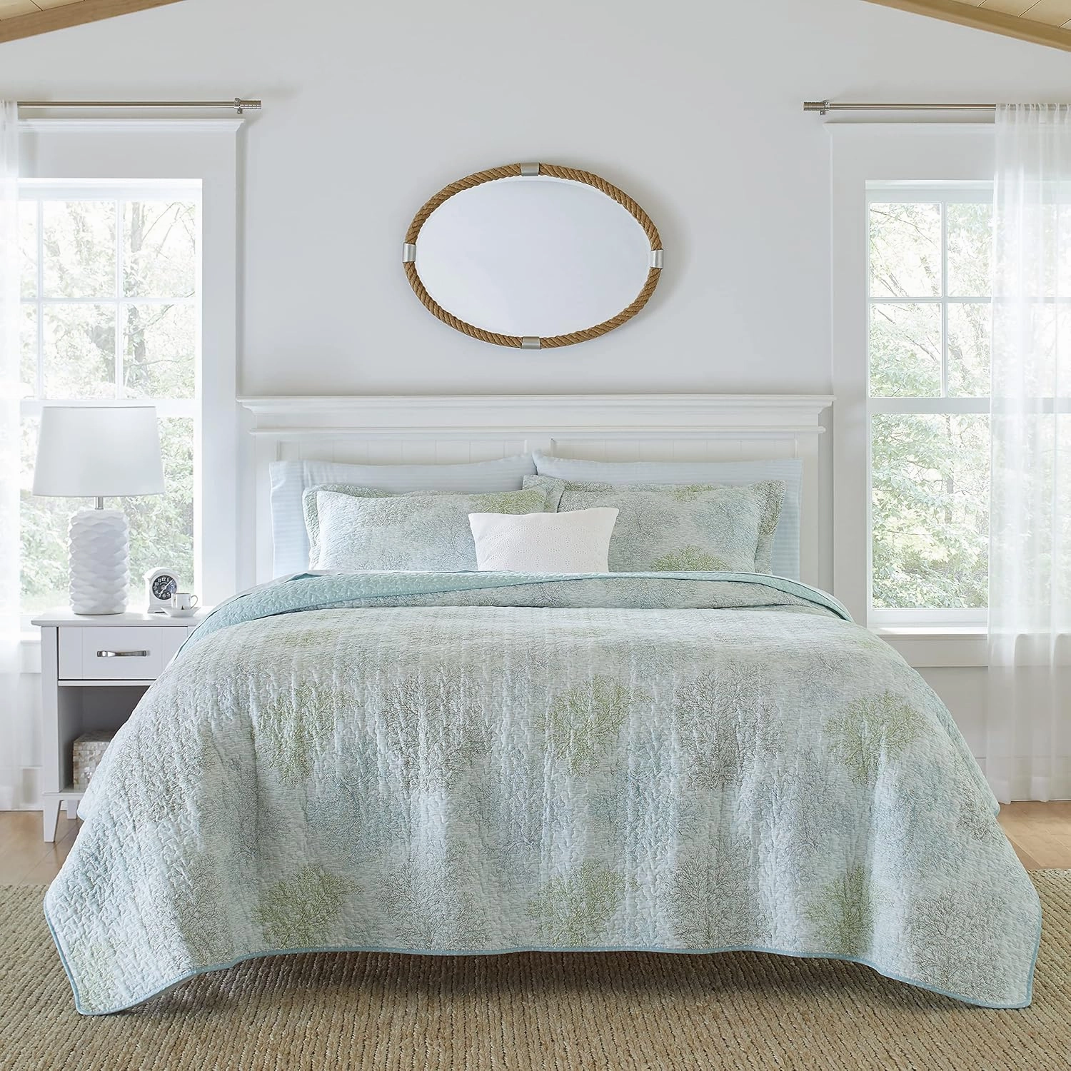 Laura Ashley - Queen Quilt Set, Reversible Cotton Bedding with Matching Shams, Pre-Washed Home Decor for Added Softness (Saltwater Blue, Queen)