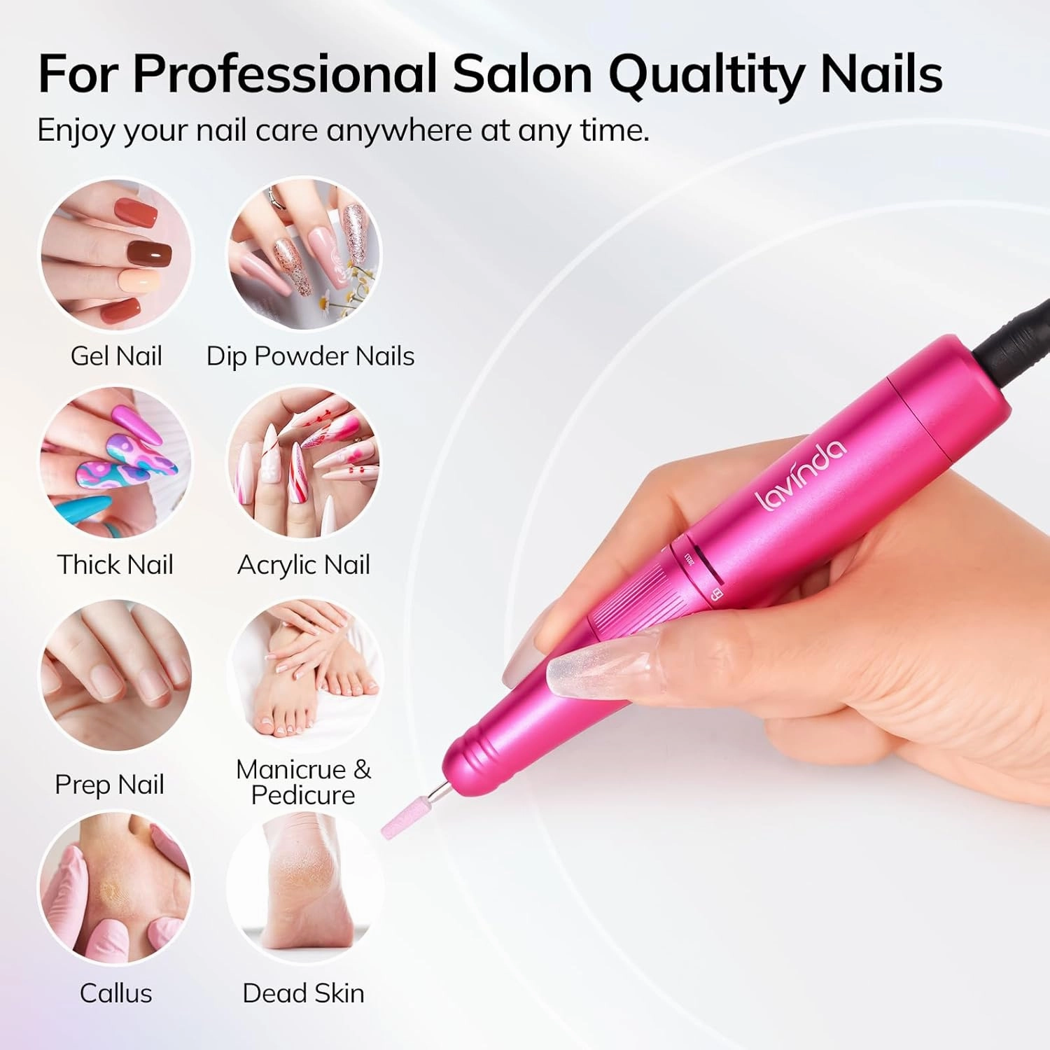 Lavinda Portable Nail Drill Professional, 35000 RPM Rechargeable, Electric Nail File Machine for Acrylic Nails, Gel Polishing, and Removing, Cordless Nail Drill for Salon and Home Use (Viva Magenta)