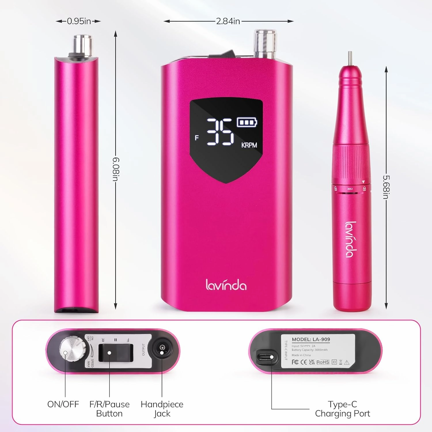 Lavinda Portable Nail Drill Professional, 35000 RPM Rechargeable, Electric Nail File Machine for Acrylic Nails, Gel Polishing, and Removing, Cordless Nail Drill for Salon and Home Use (Viva Magenta)