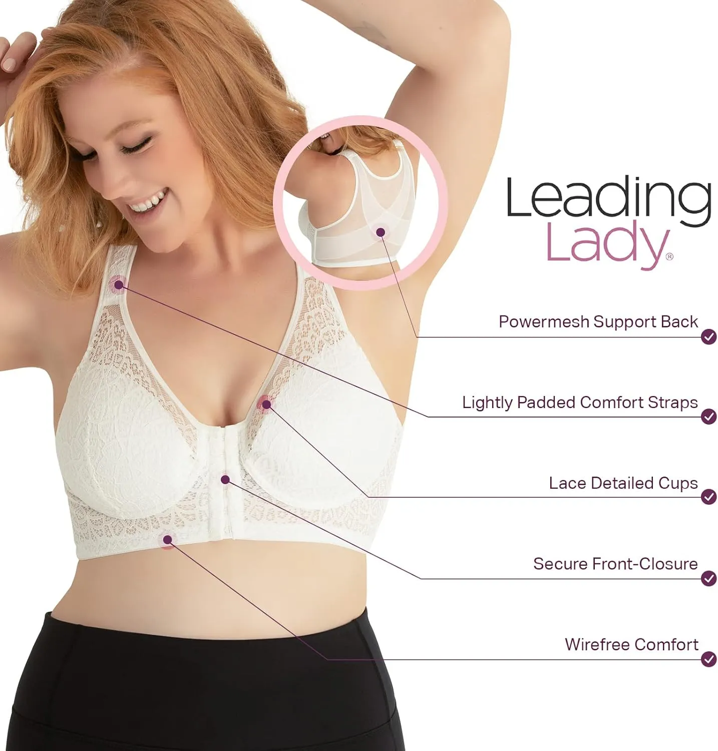 LEADING LADY, The Nora, Front-Closure Bra for Women, Lace Design, All Day Support, Wireless Band, Padded Cups, Mesh Back
