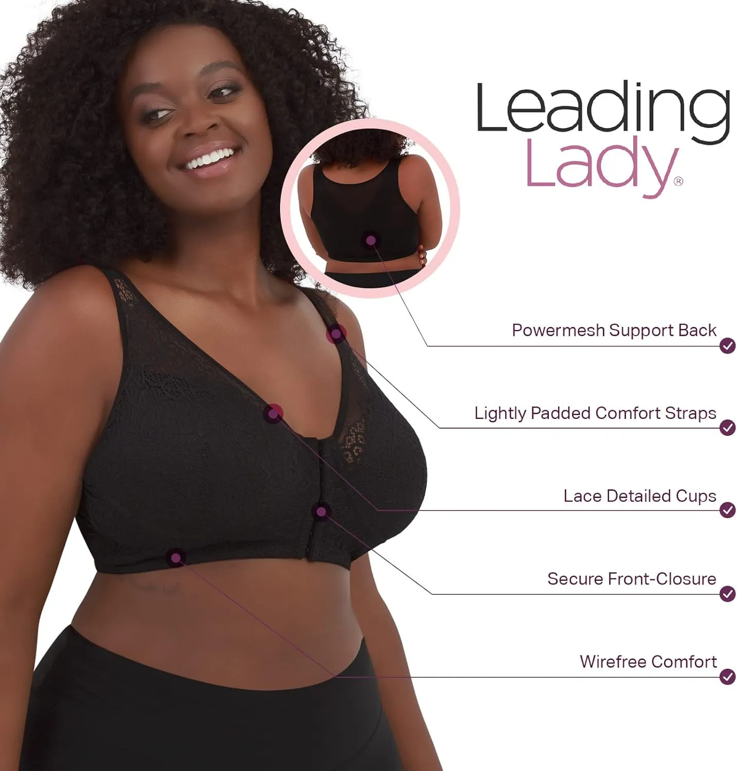 LEADING LADY, The Nora, Front-Closure Bra for Women, Lace Design, All Day Support, Wireless Band, Padded Cups, Mesh Back