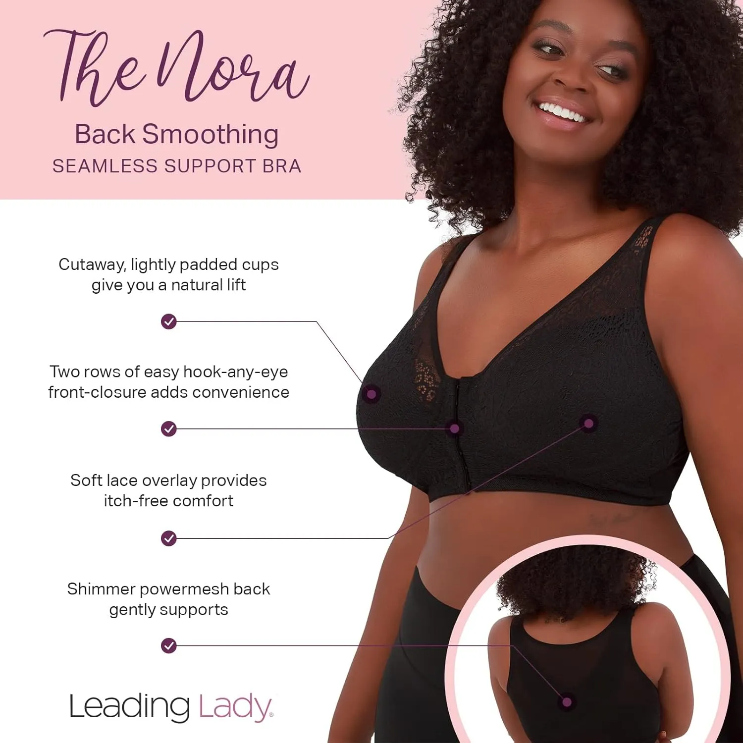 LEADING LADY, The Nora, Front-Closure Bra for Women, Lace Design, All Day Support, Wireless Band, Padded Cups, Mesh Back