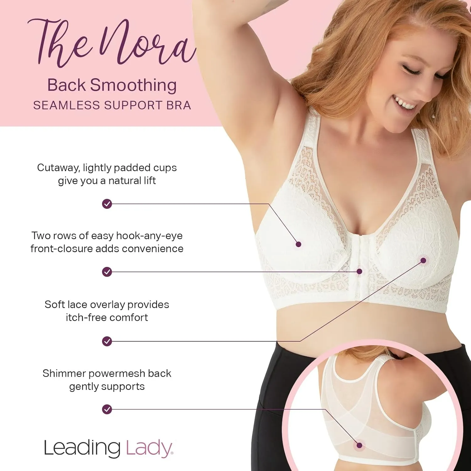 LEADING LADY, The Nora, Front-Closure Bra for Women, Lace Design, All Day Support, Wireless Band, Padded Cups, Mesh Back