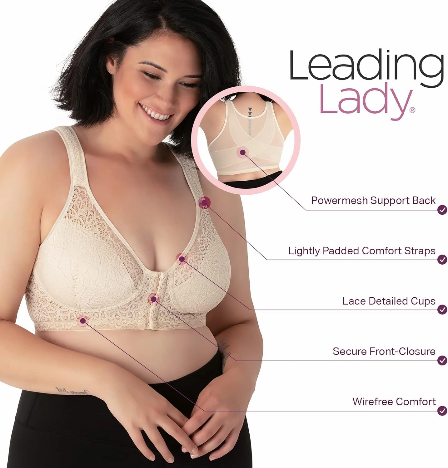 LEADING LADY, The Nora, Front-Closure Bra for Women, Lace Design, All Day Support, Wireless Band, Padded Cups, Mesh Back