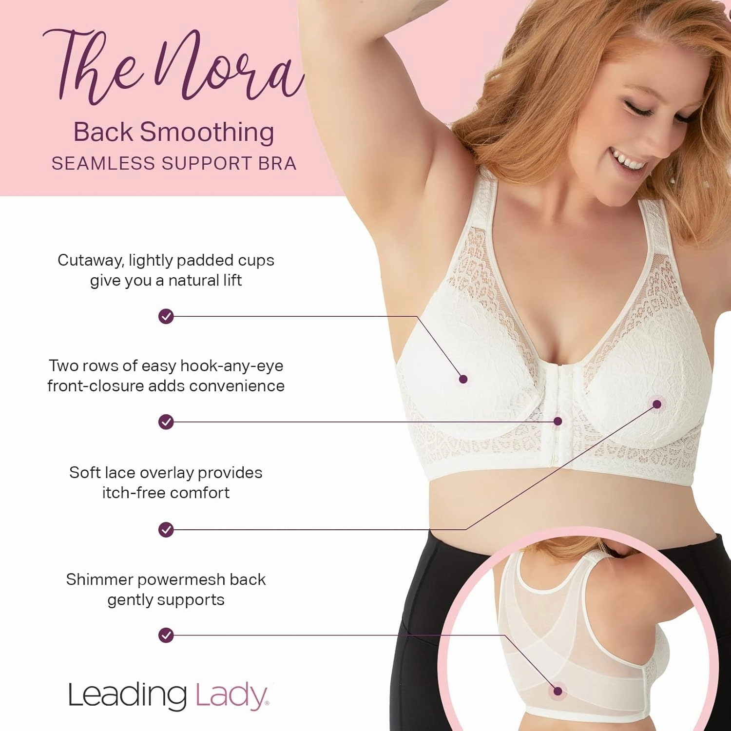 LEADING LADY, The Nora, Front-Closure Bra for Women, Lace Design, All Day Support, Wireless Band, Padded Cups, Mesh Back