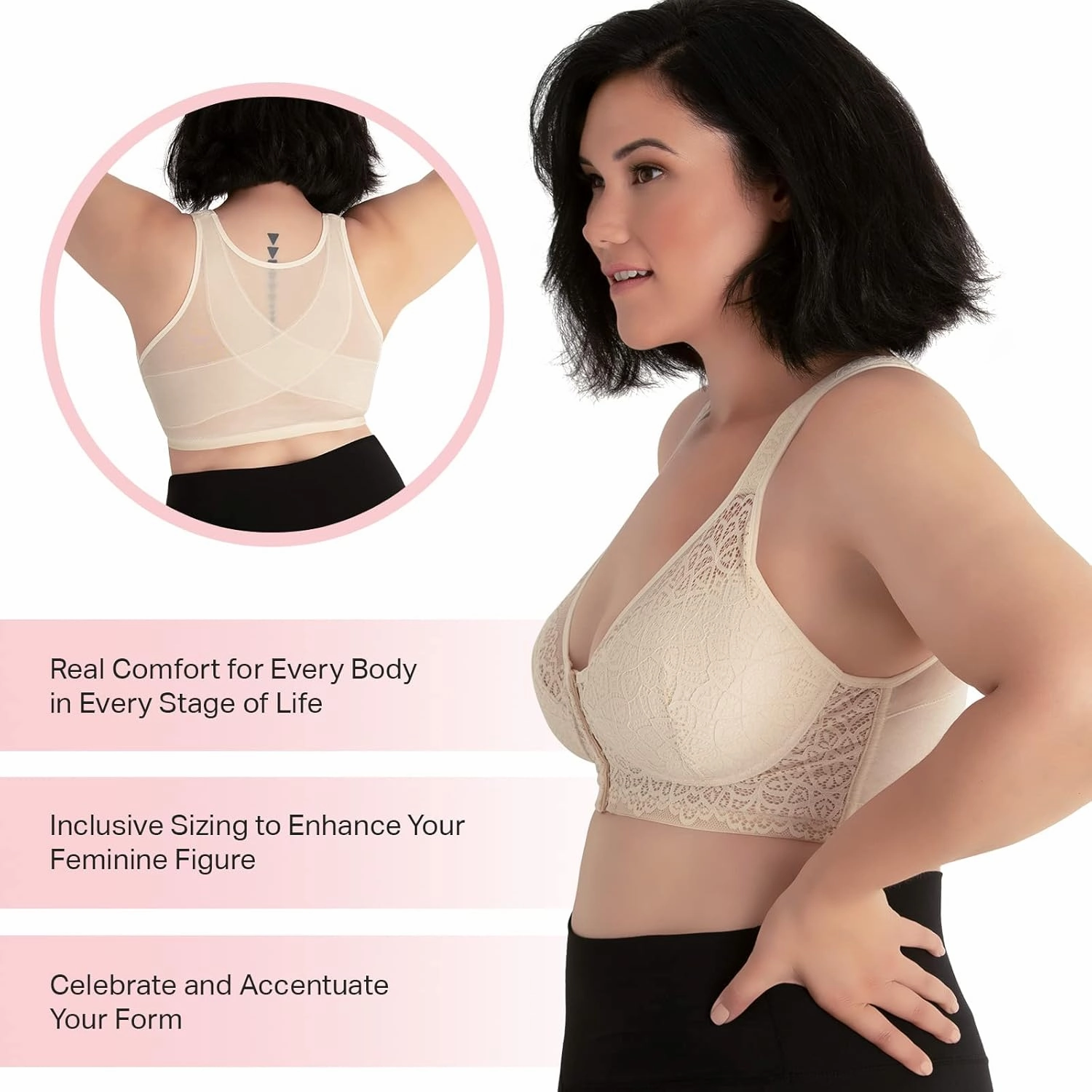LEADING LADY, The Nora, Front-Closure Bra for Women, Lace Design, All Day Support, Wireless Band, Padded Cups, Mesh Back